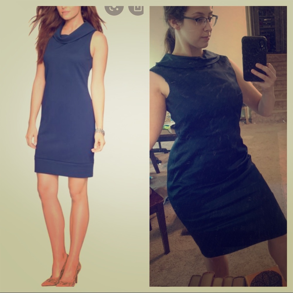 Adrianna Papell navy satin cowl dress